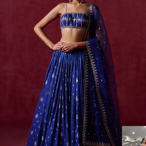 Royal Blue Embroidered Brocade Lehenga